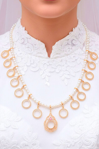 TwinsCollection Çeyrekli Altın Uyumlu 8mm İncili 15'i Bir Yerde Kolye - Çeyrekli On Beş'i Bir Yerde Kolye