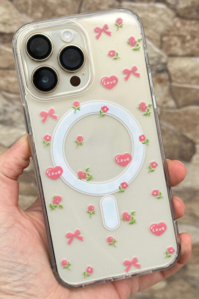 Vip Case Apple iPhone 16 Pro Max Uyumlu Kılıf Kalp Çiçek Desenli Magsafe Özellikli Sert Şeffaf V-Mags 277