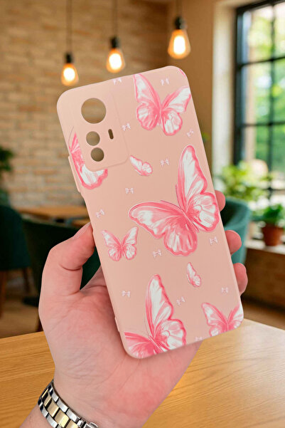 Vip Case Redmi Note 12S - PEMBE KELEBEK DESENLİ Silikon Darbe Emici Klasik Korumalı Rubber Kılıf