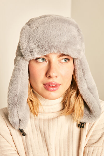 Axesoire 12806 Klipsli Peluş Gri Pilot Şapka Bere