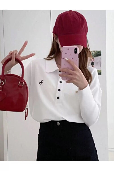 Violon Λευκό κεντημένο μπλουζάκι με μακρυμάνικο γιακά πόλο