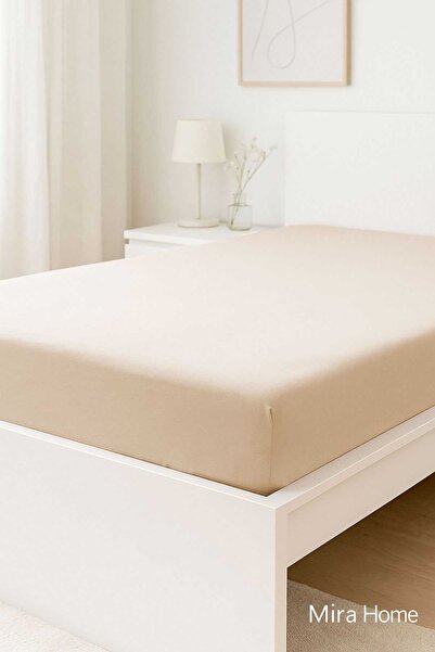 merland benvecocuk Double Plain Combed Cotton 100% Cotton Fitted Sheet 200X200 cm Oversized Newsheet Beige