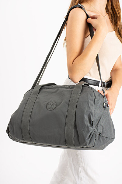 Çanta Trend Unisex Large Size Dark Gray Color Crinkle Fabric Cross Strap Sports and Travel Bag with Shoe Compartment