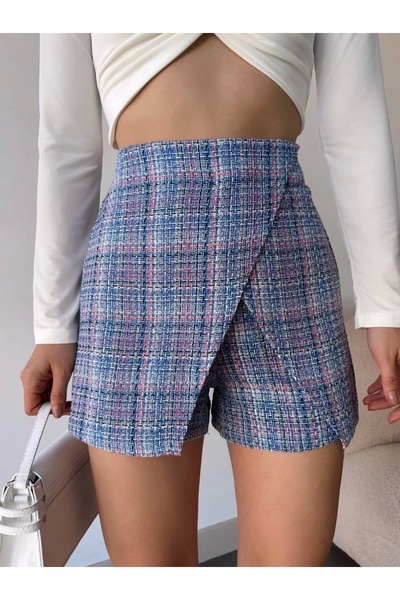 By Mop Tweed Shorts Skirt with Flap Blue