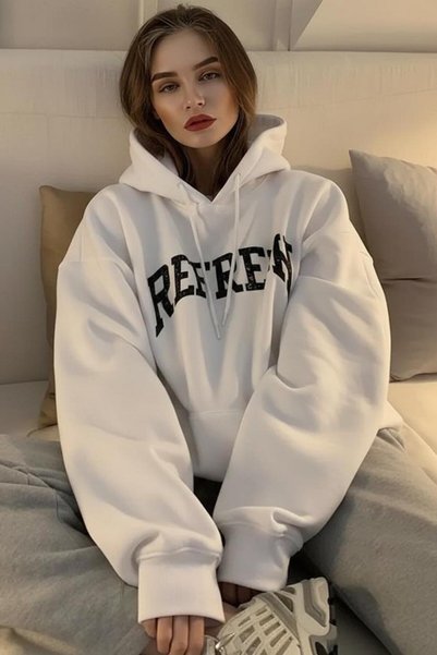 FECCY Pamuklu REFRESH Baskılı Kapüşonlu Sweatshir