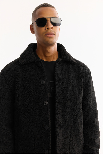 Avva Men's Black Classic Collar Windproof -4 Degree Resistant Plush Regular Fit Coat A52Y6111