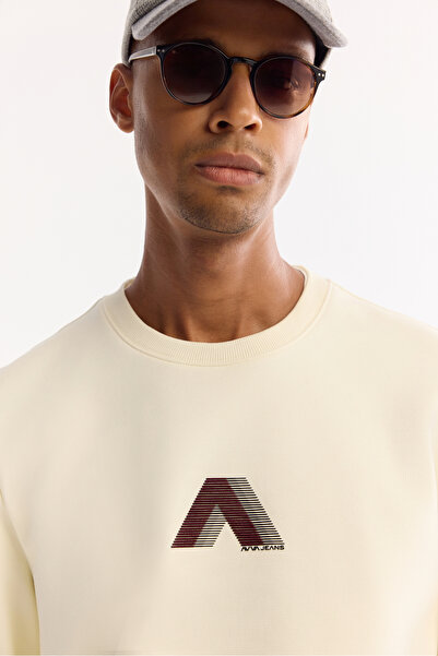 Avva Erkek Ekru Bisiklet Yaka Pamuklu Bi-Stretch Baskılı Regular Fit Sweatshirt A52Y1305