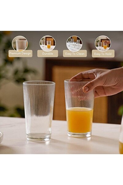 erorex Set 6 Tall Glass Tumblers Transparent Ribbed Textured Design Glasses Ideal Water, Juice, Cocktails,