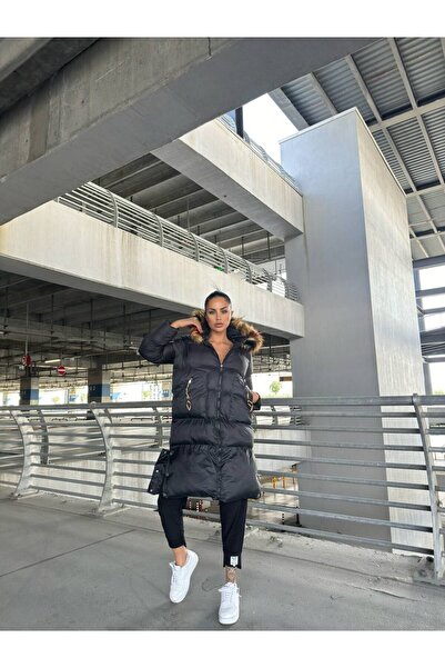 MADAME MELEK Țesătură impermeabilă Pânză importată Paltoane gonflabile din blană importată Paltoane lungi cu glugă Paltoane lungi gonflabile cu glugă