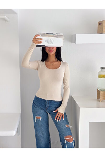 YUSUF CAN KARATAŞ KARATAŞ GİYİM Women's Beige Cotton U-Neck Finger Snap Body