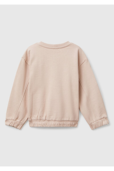 United Colors of Benetton Girl's Dusty Pink Regular Fit Sweatshirt with Stitching Detail and Heart Patch Pockets