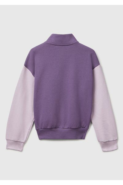 United Colors of Benetton Girl's Purple-Blue Zippered Stand Collar Sweatshirt with Logo Embroidery on the Front and Pockets