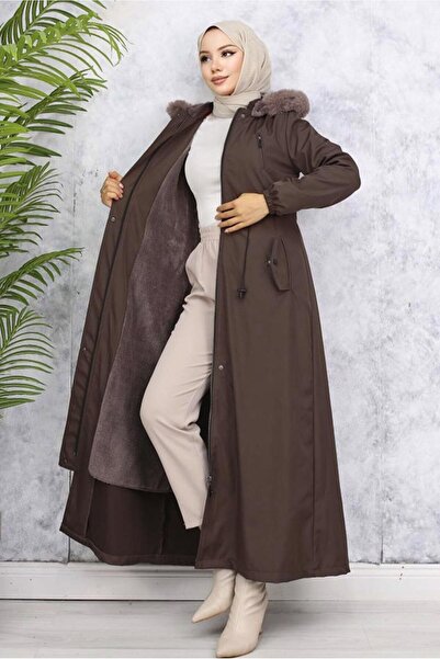 TRENDTESETTÜR KADIN KAHVE KAPÜŞONLU MANTO T 0501