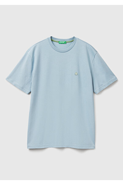 United Colors of Benetton Men's Light Blue 100% Cotton Benetton Logo Crew Neck T-Shirt