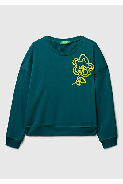 United Colors of Benetton Woman's dark green cotton blend sweatshirt with floral motif