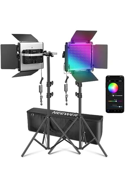 NEEWER مصباح فيديو LED RGB 660 PRO II المُحسّن مع التحكم بالتطبيق ومجموعة الحامل، عبوة من قطعتين