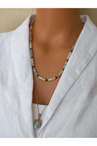 LemaStone Natural Stone Necklace;Steel Chain Necklace with Amazonite Stone, Hematite Stone and Raw Amazonite