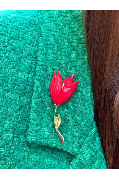 BY YASİN TOPÇU Kırmızı Lale Broş – Mine & Altın Ton