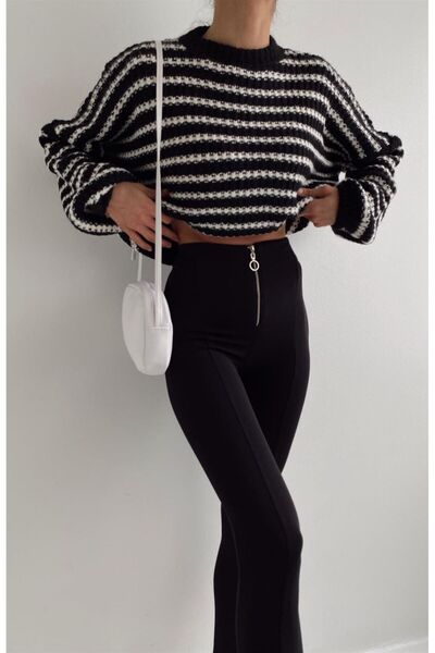 fujya Thessaloniki Knitted Balloon Sleeve Striped Soft Knitwear Sweater Black