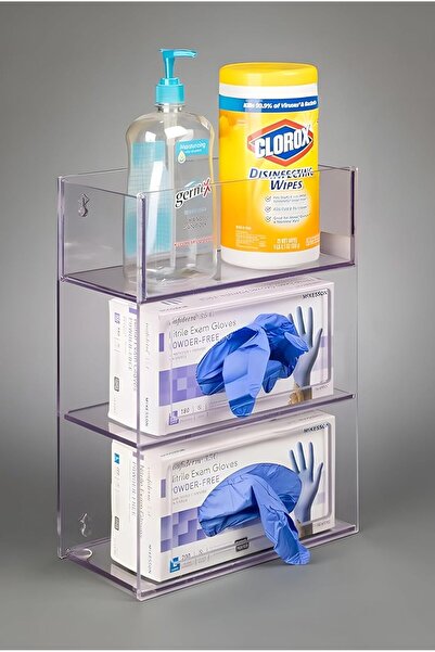 Slasa Wall-Mounted Acrylic 2-Glove Box Holder with Top Bin (29.7 × 14.9 × 38....