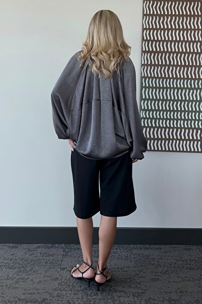 Laluvia Anthracite Bomber Satin Jacket - 9584