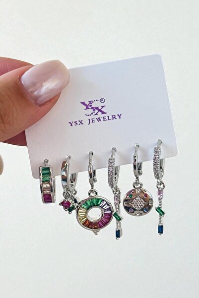 Özce Silver Color Mixed Figured Stone Detailed Set of 6 Ysx Earrings