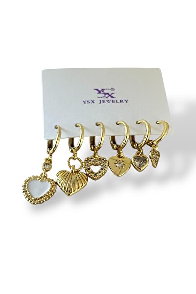 TAKIŞTIR مجموعة من 6 أقراط YSX باللون الذهبي مع تفاصيل حجرية بأشكال متنوعة