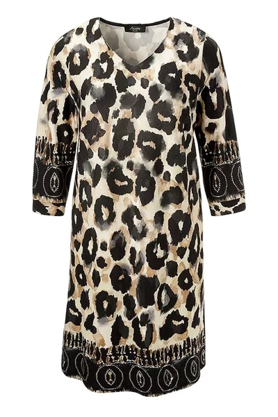 Şans Kadın Büyük Beden Leopar Desen, V Yaka Cepli Elbise 65N39111