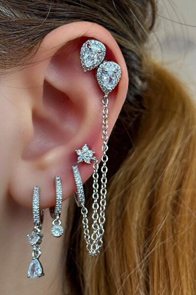 TAKIŞTIR مجموعة أقراط YSX مكونة من 6 قطع باللون الفضي مع تفاصيل حجرية بأشكال ...