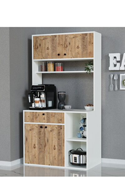 Alfimo Mobilya LUWAK KAHVE KÖŞESİ ÇEKMECELİ ÇOK AMAÇLI MUTFAK DOLABI BEYAZ&CEVİZ AFM150
