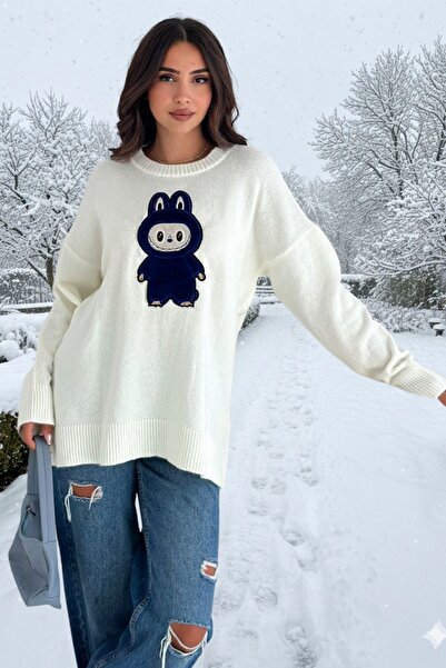 Moda Amore Labubu Апликация Бродиран Оверсайз Плетен Пуловер | Сив, Бял, Бордо, Жълт, Син, Тъмносин, Розов 66022