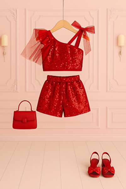 NA ADDESIGN Girl's Sequined One-Shoulder Party Set with Shorts | Birthday & Dance Outfit