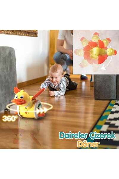 hak-iş oyuncak Sesli ve Işıklı Yürüyen Ördek Oyuncak – Kanat Çırpan, 360° Dönen, USB Şarjlı Foraging Duck - Sarı