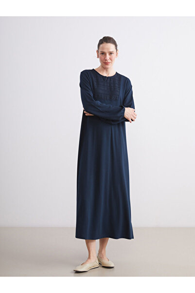 LC Waikiki Navy Blue Crew Neck Lace Detailed A-Line Dress