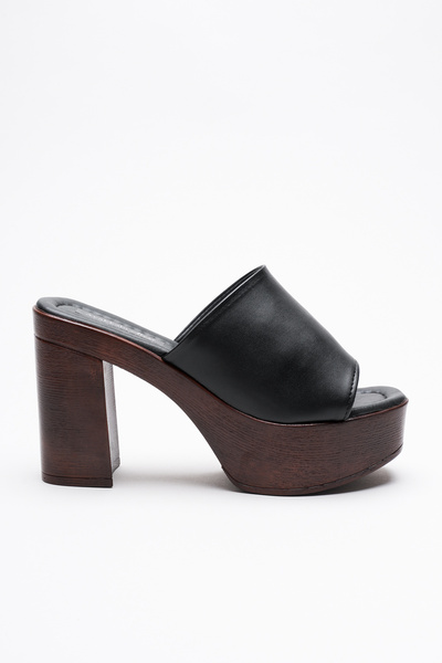 Ayakkabı Ateşi Women's Cork Sole Single Heeled Slippers Caseli Black Skin
