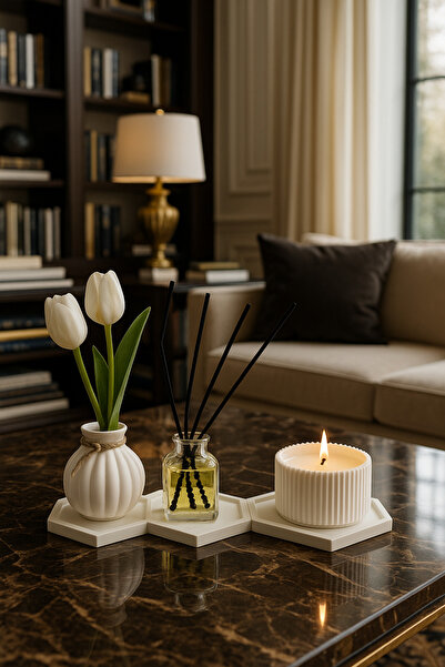 Neydin Home 6'lı Set Premium 3’lü Altlık + Dekoratif Vazo, Lavanta Kokulu Mum...