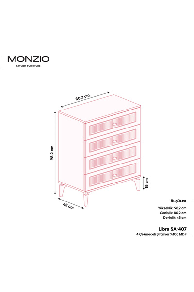 MONZIO Libra 4 Çekmeceli Şifonyer %100 MDF
