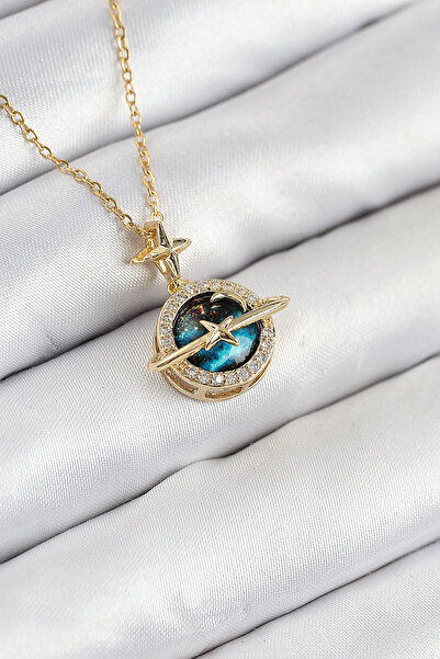 STİLLOVE قلادة نسائية من الفولاذ 316L مرصعة بحجر الزركون على شكل كوكب بلون ذهبي