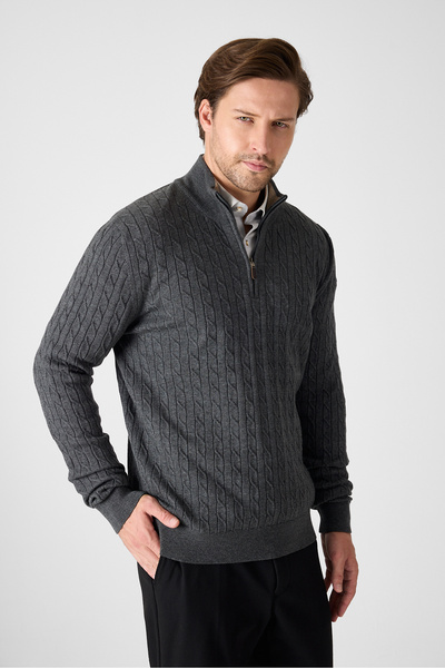 Frappoli Focus Men's Smoked Hair Knit Half Zipper Cotton Blend Sweater