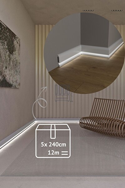 Evime Decor 10cm Ledli Süpürgelik 5 Adet 12m Beyaz Polimer, Suya Dayanıklı, D...