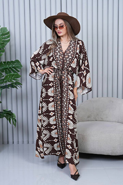 AYASOFYA OTANTIK Women's Brown Ethnic Authentic Patterned Balloon Sleeve Loose Oversize Long Dress