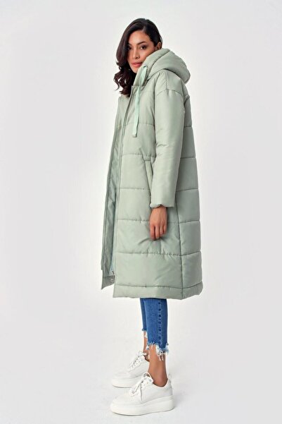Buklemoda 5120 Hooded Long Puffer Coat - Mint