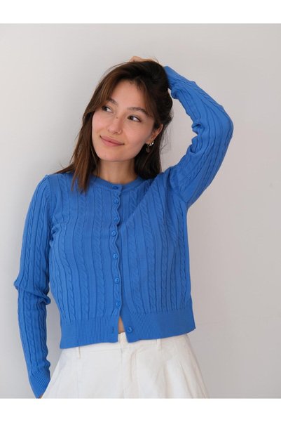 Butik Una Fiaba Cobalt Blue Long Sleeve Buttoned Hair Knit Women's Knitwear Cardigan