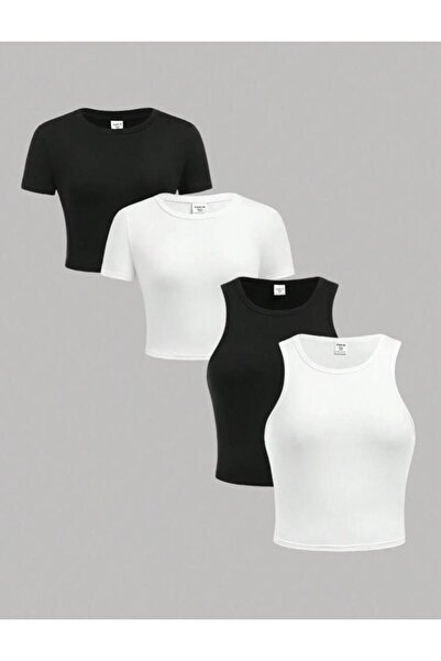 MİLYA&GYM Kadın 4'lü paket vücudu saran pamuklu BİSİKLET YAKA T-SHİRT-ATLET s...