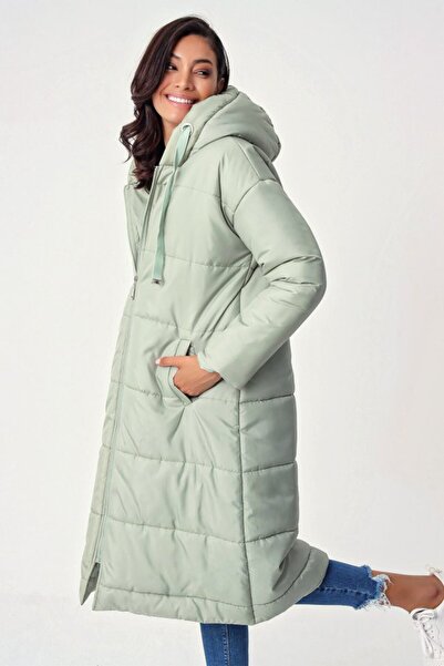 Buklemoda 5120 Hooded Long Puffer Coat - Mint
