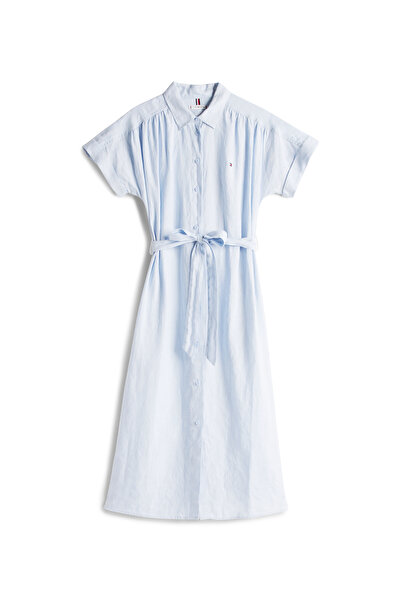 Tommy Hilfiger Women Breezy Blue Ess Linen Short Sleeve Midi Shirt Dress