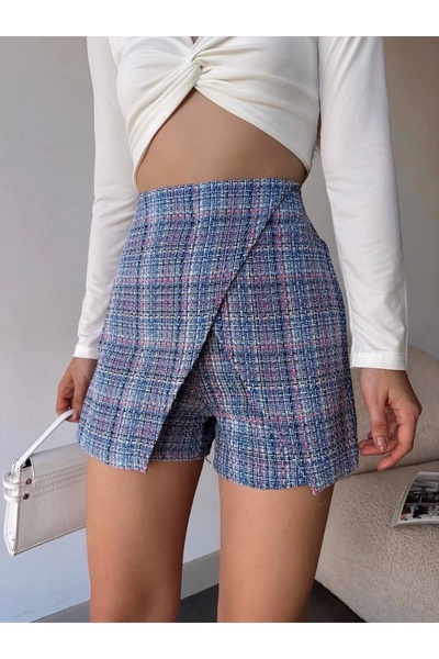 Vona Nova Tweed Shorts Skirt with Flap Blue