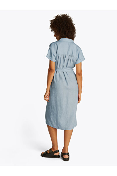 Tommy Hilfiger Women Breezy Blue Ess Linen Short Sleeve Midi Shirt Dress