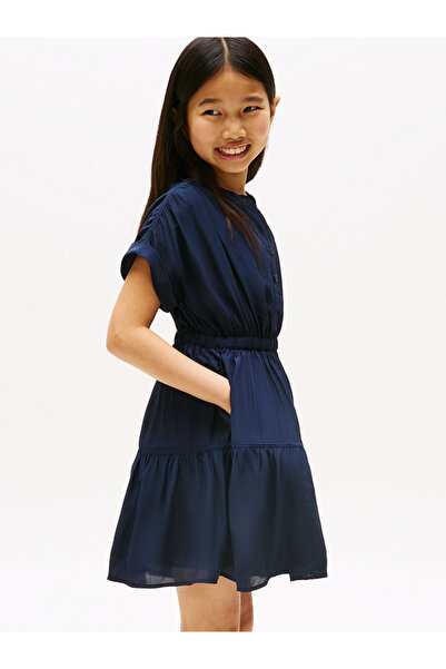 Tommy Hilfiger Girls Dark Night Navy Half Button Flare Short Tiered Shirt Dress