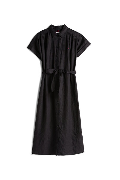 Tommy Hilfiger Women Black Ess Linen Short Sleeve Midi Shirt Dress